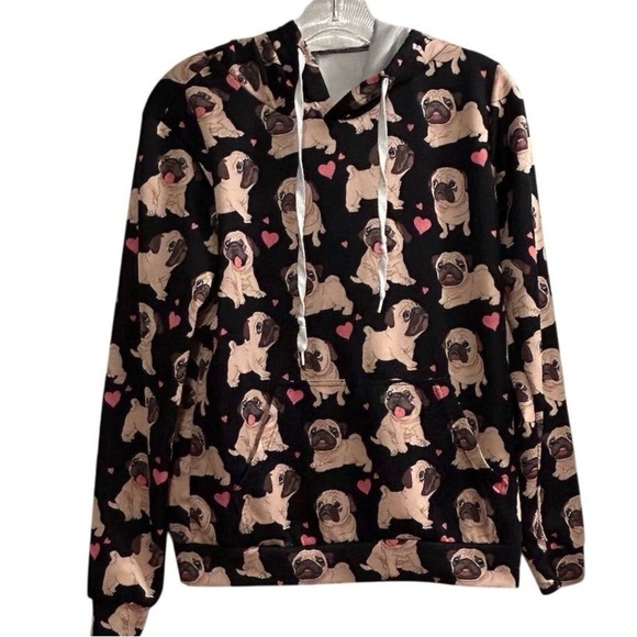 Youth XL Pug Print Hoodie Sweatshirt Unisex Kids Multicolor Pullover - Picture 1 of 7